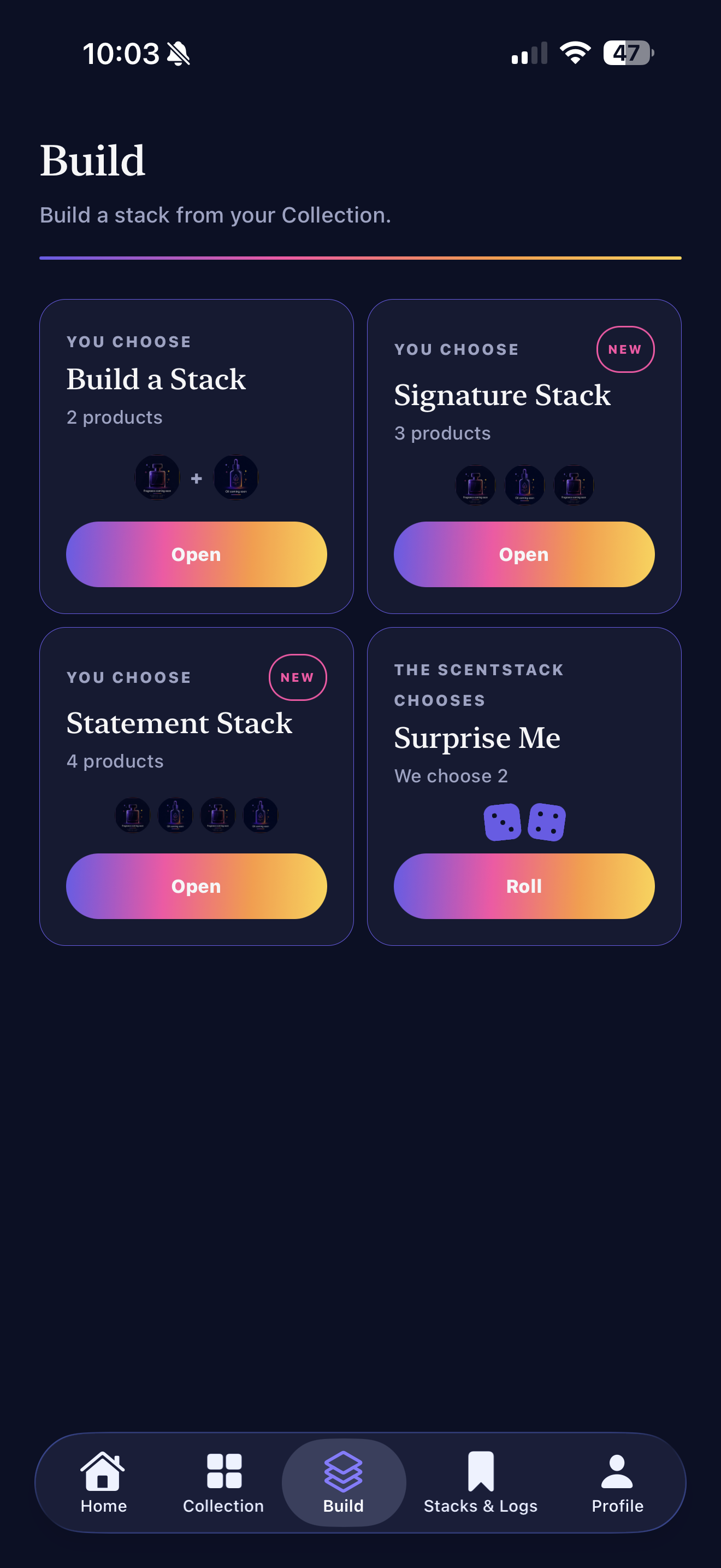 ScentStack Build screen with Build a Stack, Signature Stack, Statement Stack, and Surprise Me options.