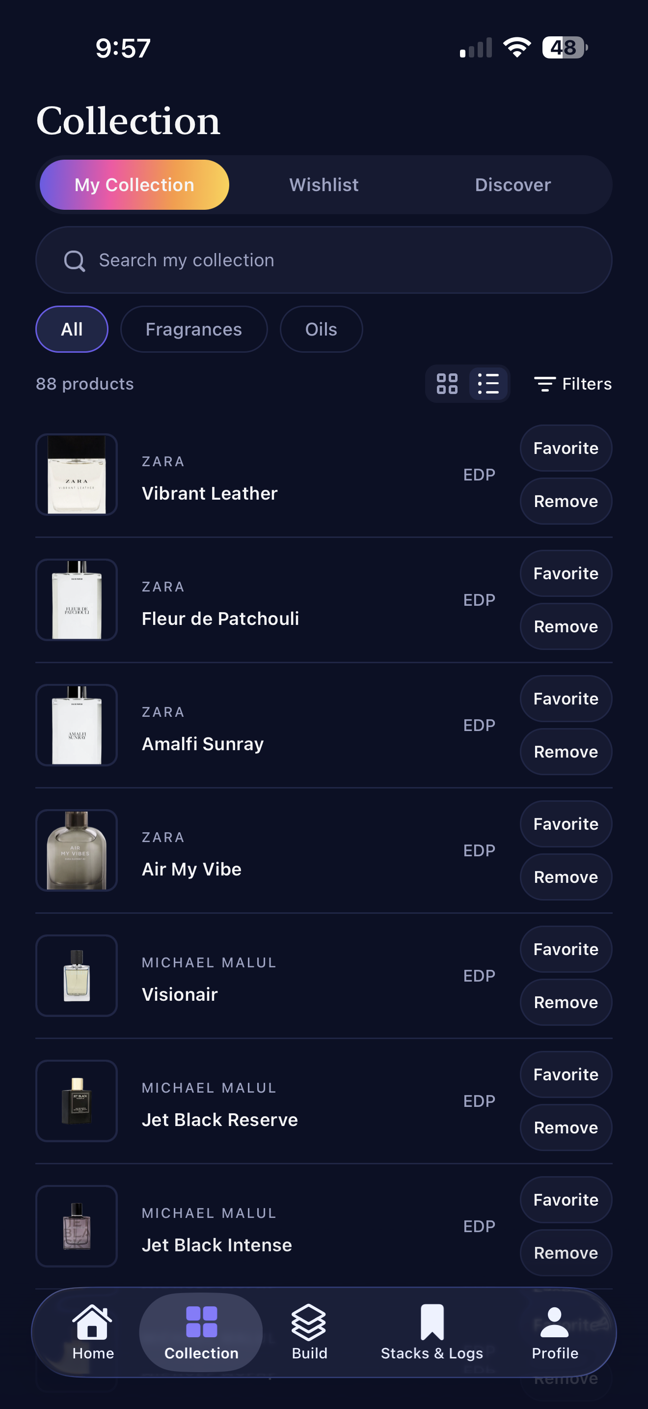 ScentStack Collection screen showing 88 saved fragrances and oils with search and filter controls.