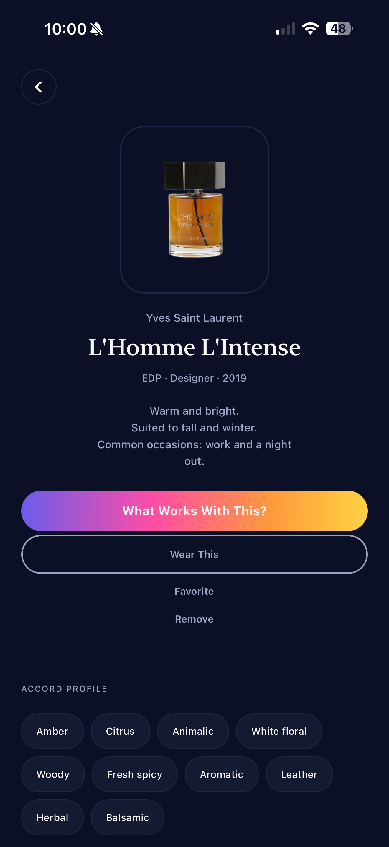 ScentStack fragrance detail screen for Yves Saint Laurent L'Homme L'Intense with its accord profile.