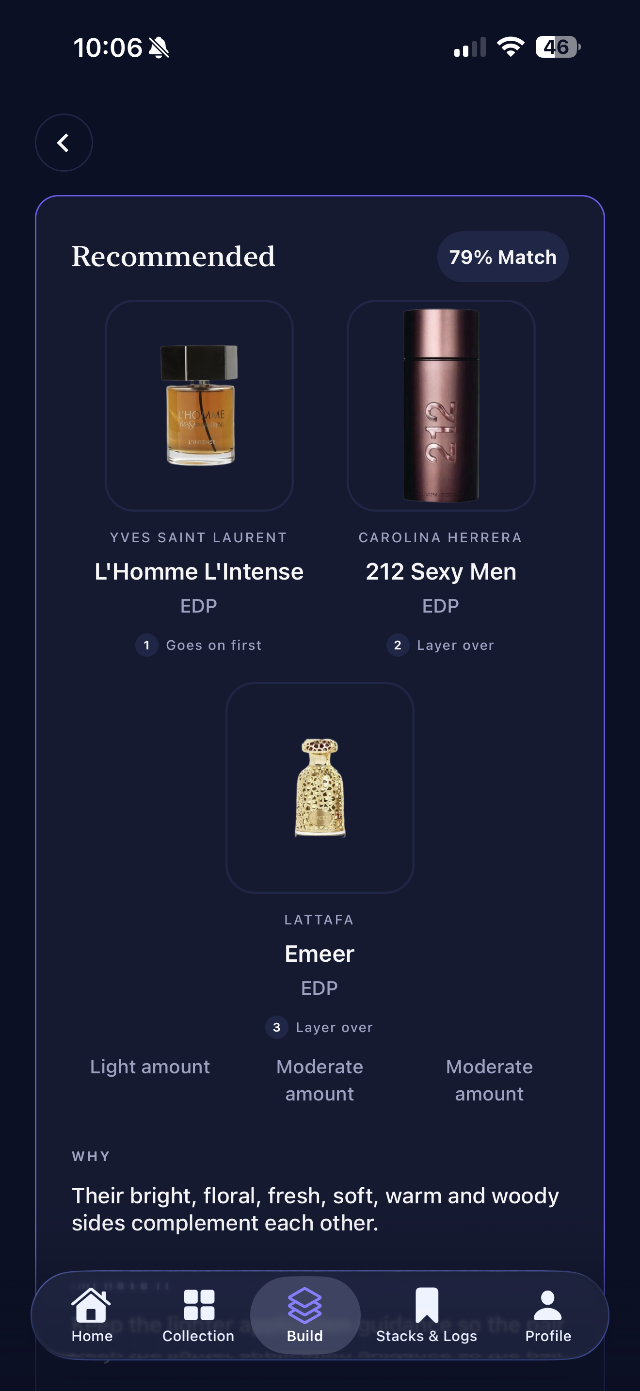 ScentStack recommendation screen pairing YSL L'Homme L'Intense, Carolina Herrera 212 Sexy Men, and Lattafa Emeer at a 79% match.