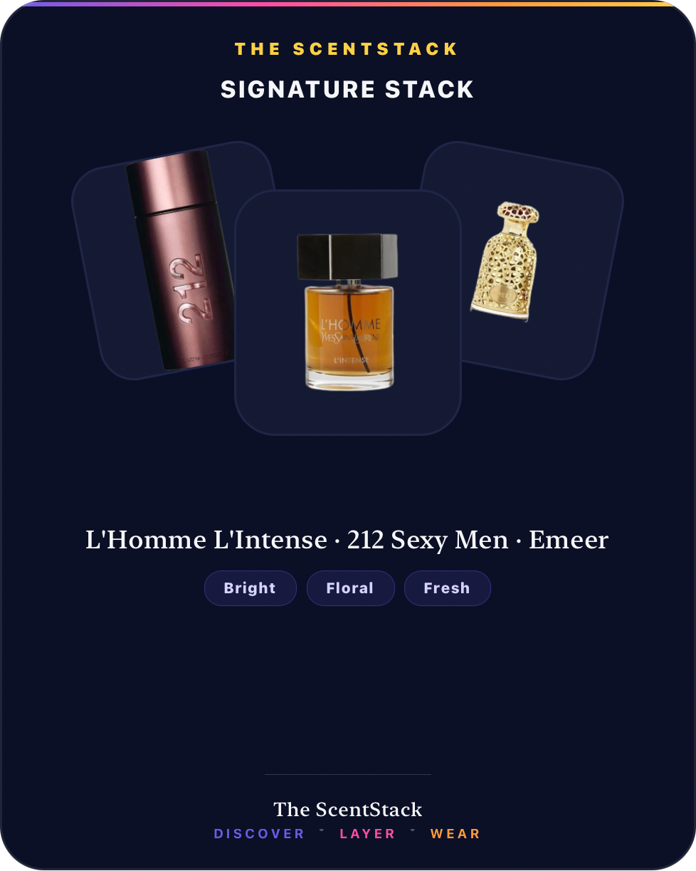 The ScentStack shareable stack card for the Signature Stack: L'Homme L'Intense, 212 Sexy Men, and Emeer.
