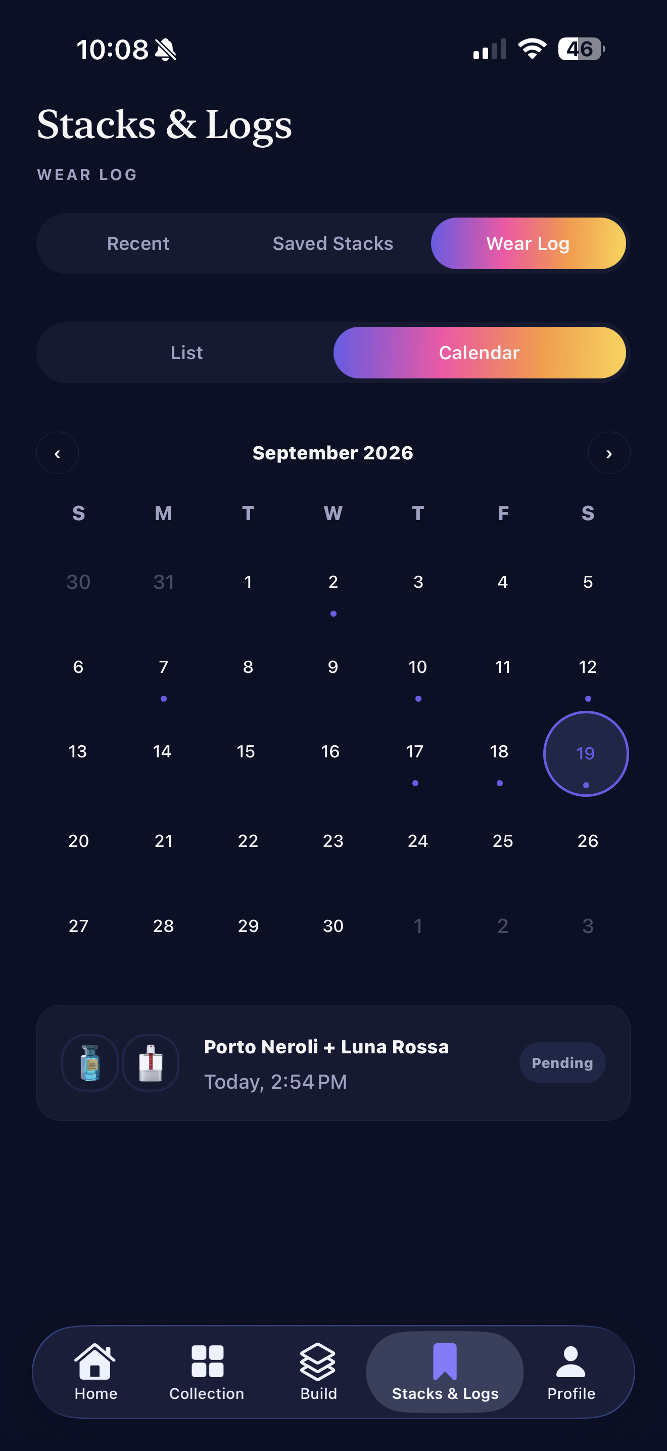 ScentStack Wear Log calendar view for September 2026, showing days worn and the Porto Neroli + Luna Rossa entry logged as pending.