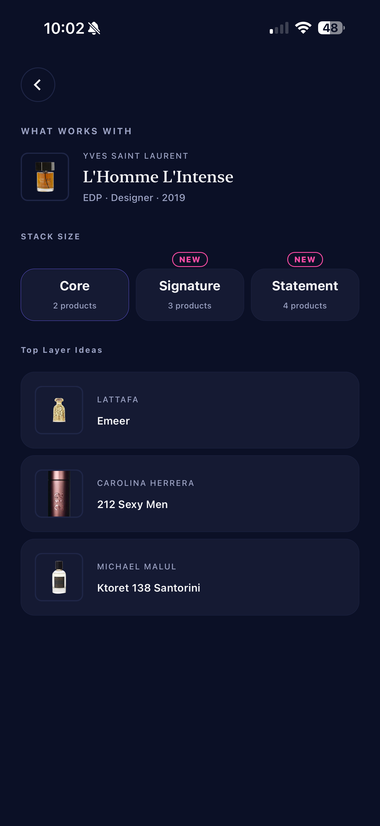 ScentStack What Works With screen for YSL L'Homme L'Intense, showing stack size options and top layer ideas including Lattafa Emeer and Carolina Herrera 212 Sexy Men.